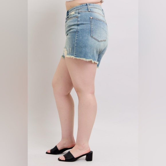 Judy Blue Full Size High Rise Washed Fly Stitch Detail and Destroy Denim Shorts - Picture 11 of 16